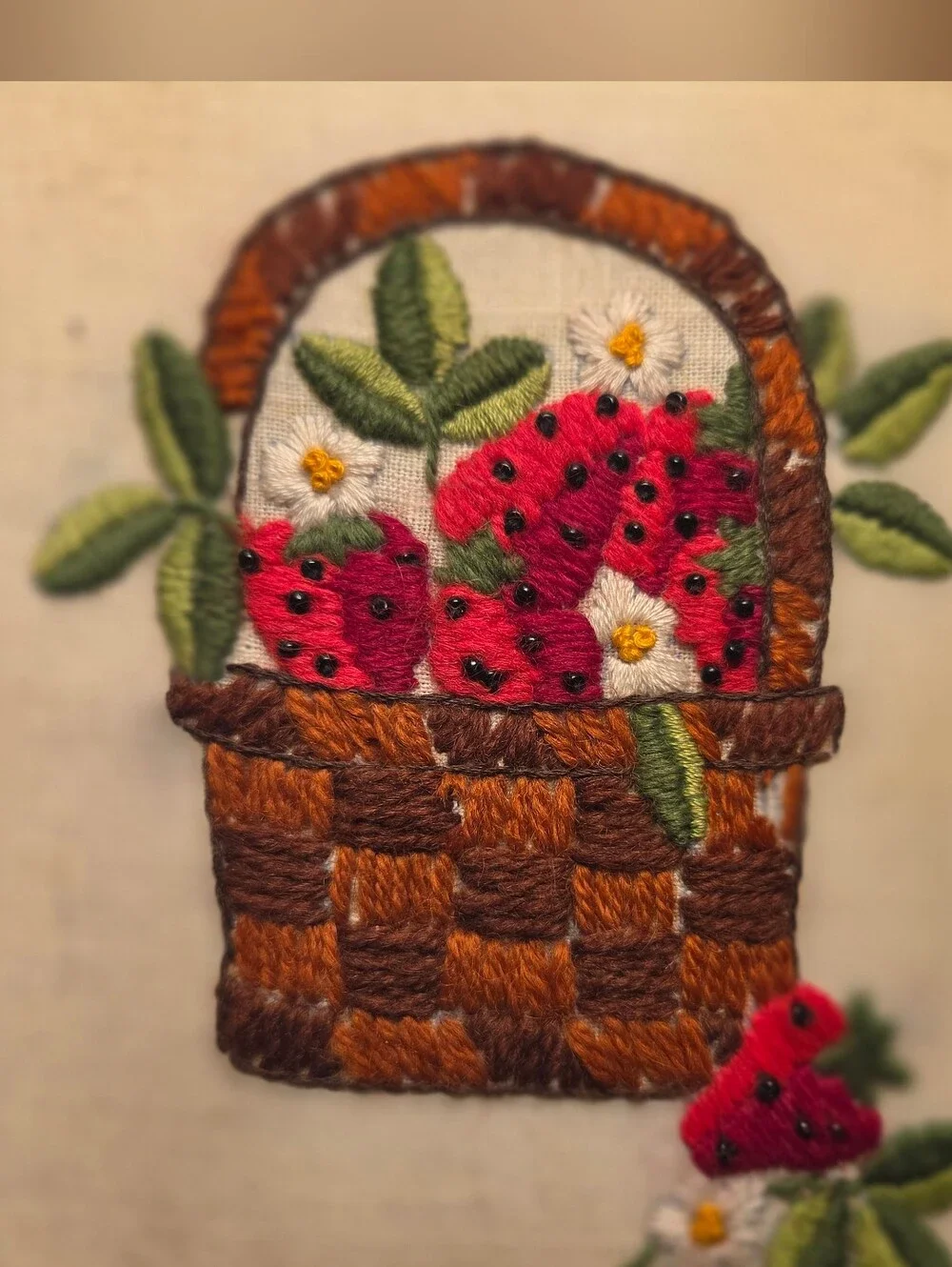 Vintage Hand Embroidered Strawberry Basket Wall Art – Cottagecore Folk Art